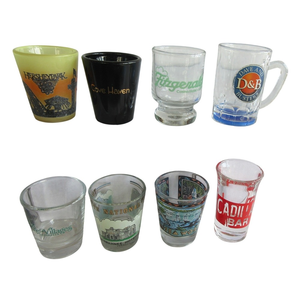 Lot of 8 Souvenir Shot Glasses Hersheypark Yosemite Sea World Dave Busters